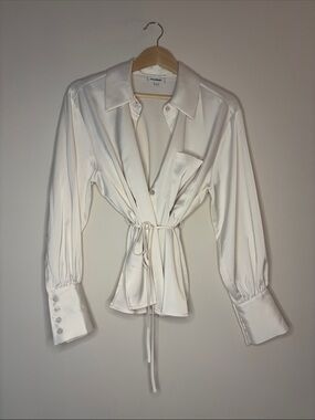 Darling Cream Satin Tie-Waist Button-Down Blouse